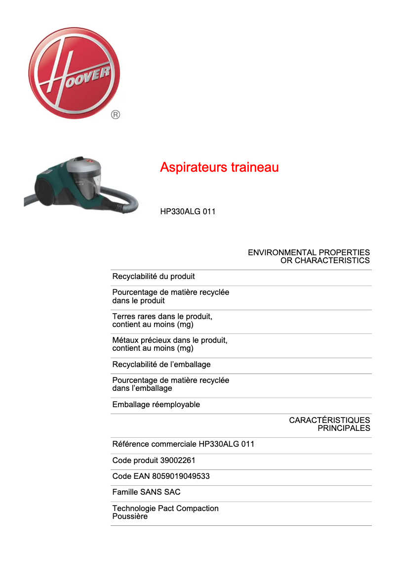 Page n°1 - Fiche technique Hoover H-POWER 300 HP330ALG 011