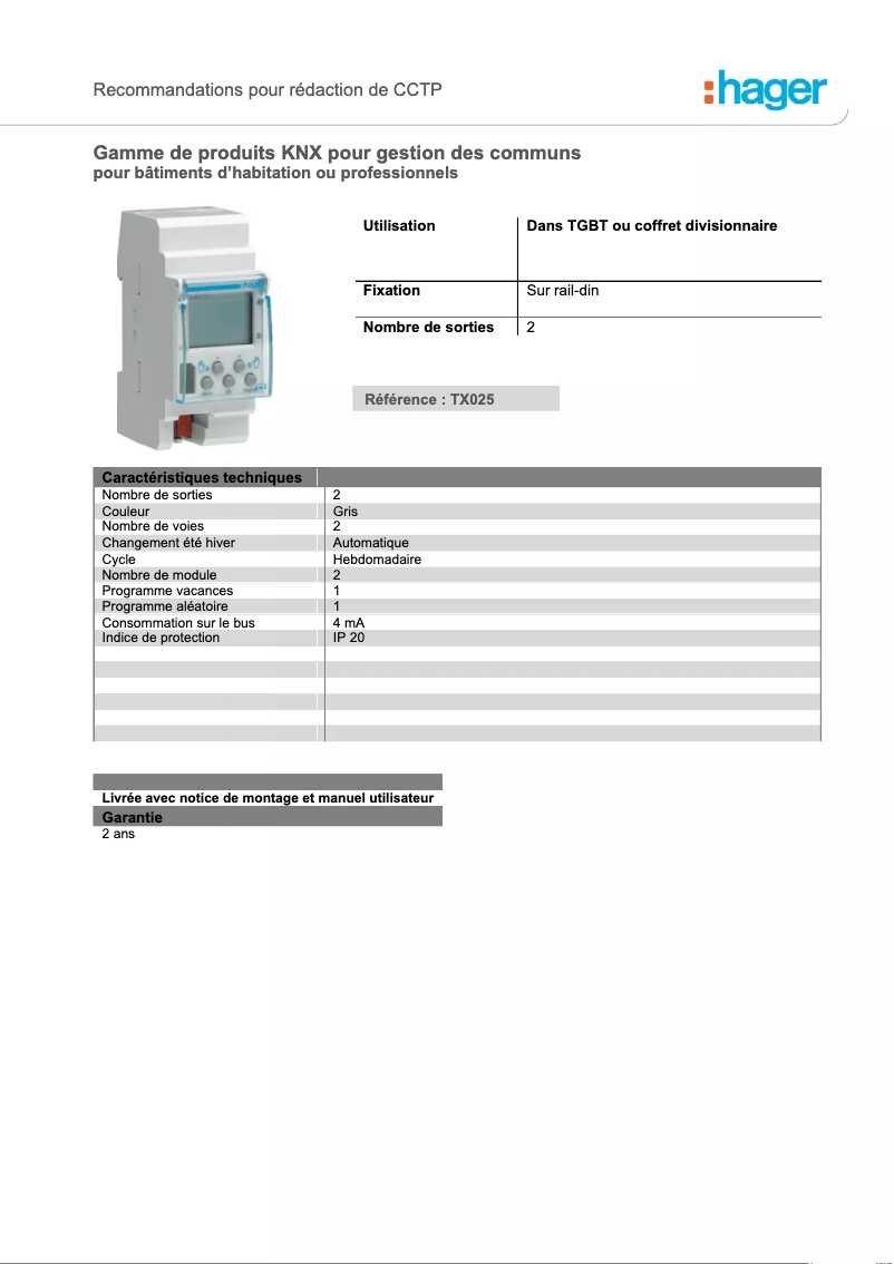 Page 1 de la notice Catalogue Hager TCC520E
