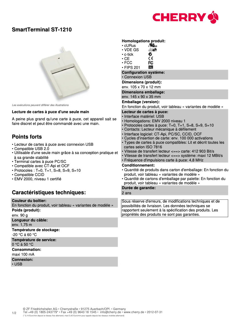 Page 1 de la notice Fiche technique Cherry SmartTerminal ST-1210