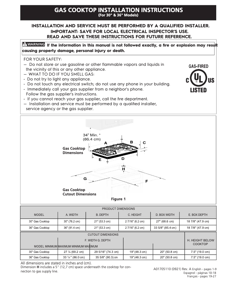 Page 1 de la notice Guide d'installation Frigidaire GCCG3648AB
