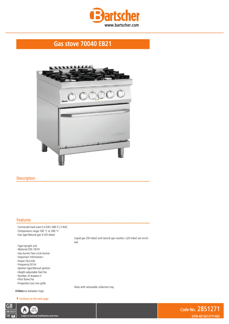 Página 1 del manual Ficha técnica Bartscher 2851271