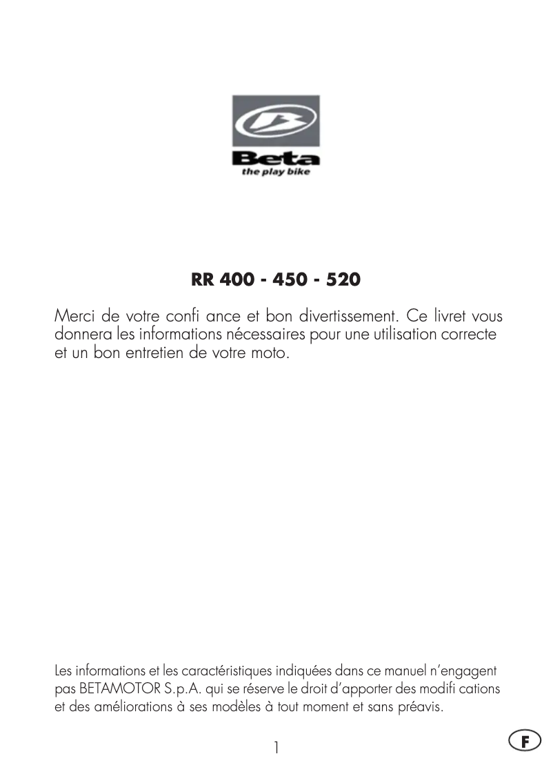 Page 1 de la notice Manuel utilisateur Beta RR 400 (2010)