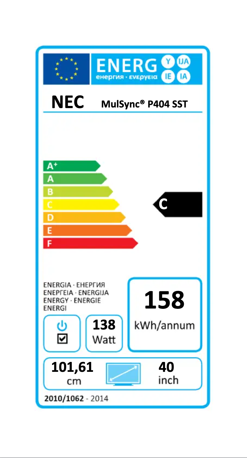 Page 1 de la notice Label énergétique NEC MultiSync P404 SST
