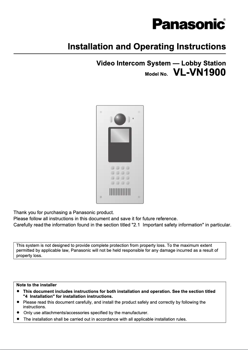 Page 1 de la notice Manuel utilisateur Panasonic VL-VN1900