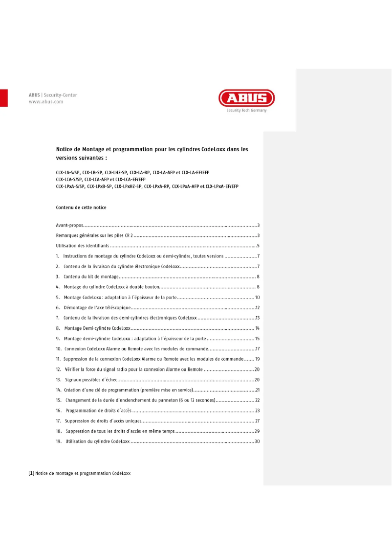 Page 1 de la notice Instructions / montage Abus CodeLoxx