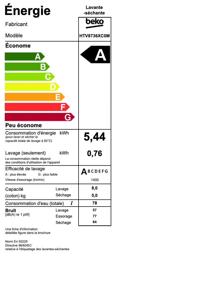 Page 1 de la notice Label énergétique Beko HTV 8736 XC0M