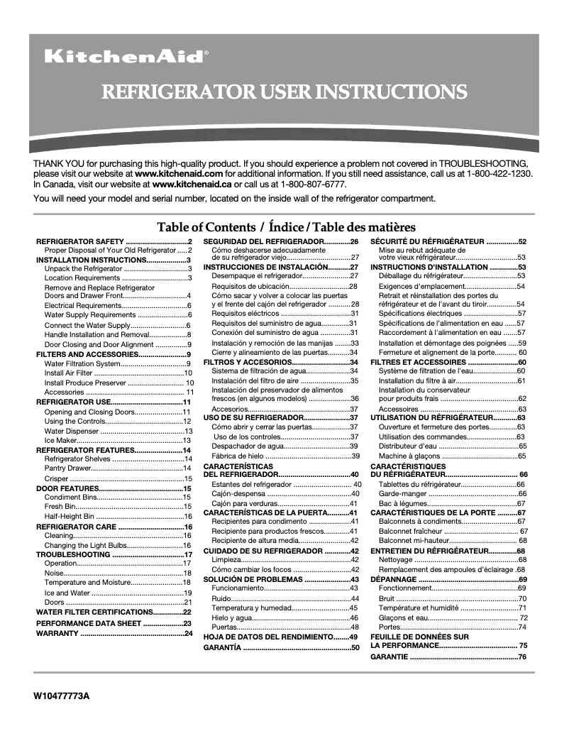 Page 1 de la notice Manuel utilisateur KitchenAid Architect KFFS20EYMS