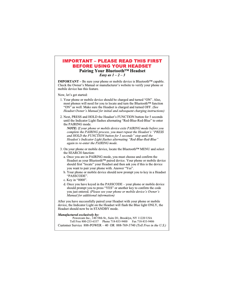 Page 1 de la notice Manuel utilisateur PowerCam BF-101