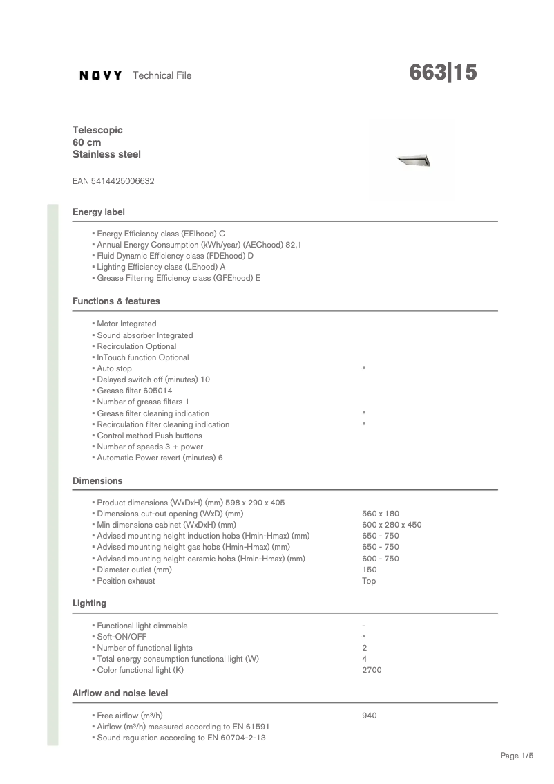 Page 1 de la notice Fiche technique Novy Telescopic Glass 663