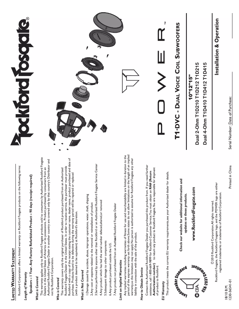 Page 1 de la notice Manuel d'utilisation et d'entretien Rockford Fosgate Power T1D210