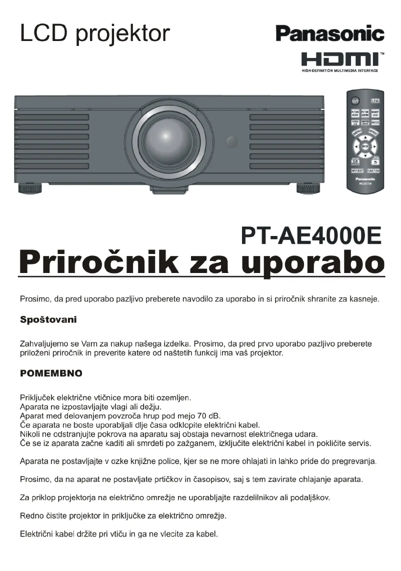 Page n°1 - Manuel utilisateur Panasonic PT-AE4000E