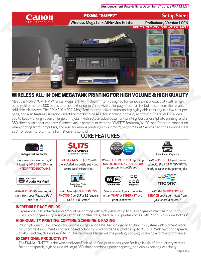 Page 1 de la notice Fiche technique Canon PIXMA G7020