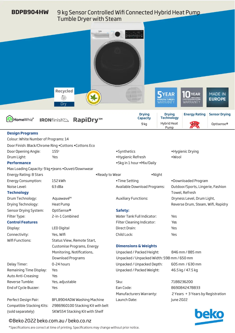Page n°1 - Fiche technique Beko BDPB904HW