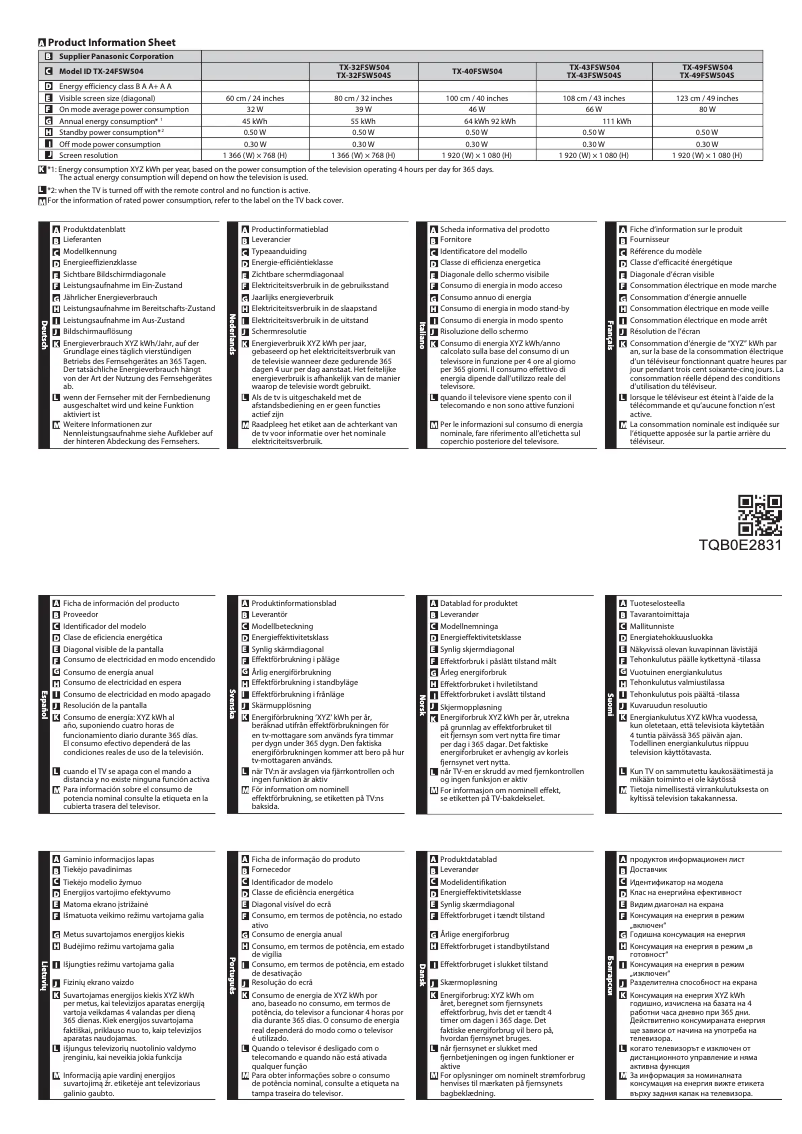 Page 1 de la notice Fiche technique Panasonic TX-43FSW504