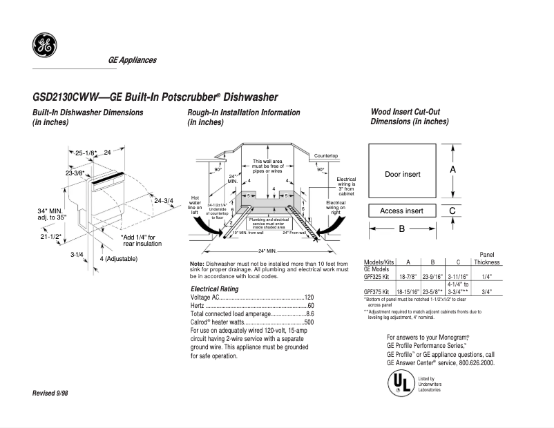 Page n°1 - Fiche technique GE GSD2130CWW