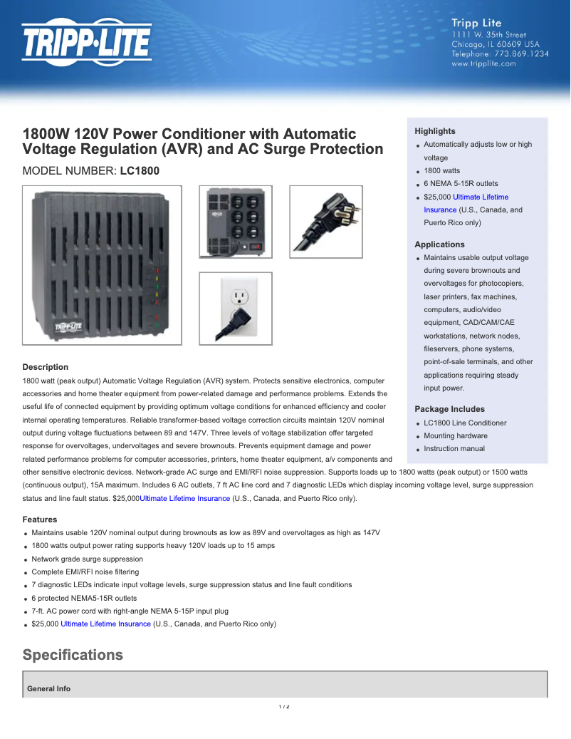 Page 1 de la notice Manuel utilisateur Tripp Lite 1800W 120V Power Conditioner / AVR / Surge Protection