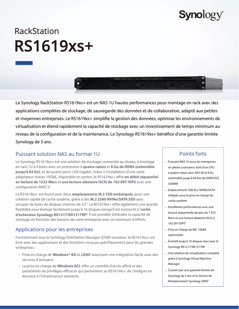 Page 1 de la notice Fiche technique Synology RackStation RS1619xs+