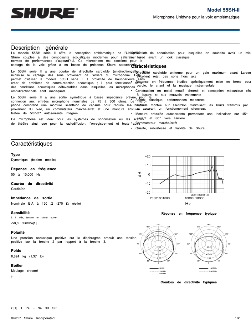 Page 1 de la notice Manuel utilisateur Shure 55SH Series II