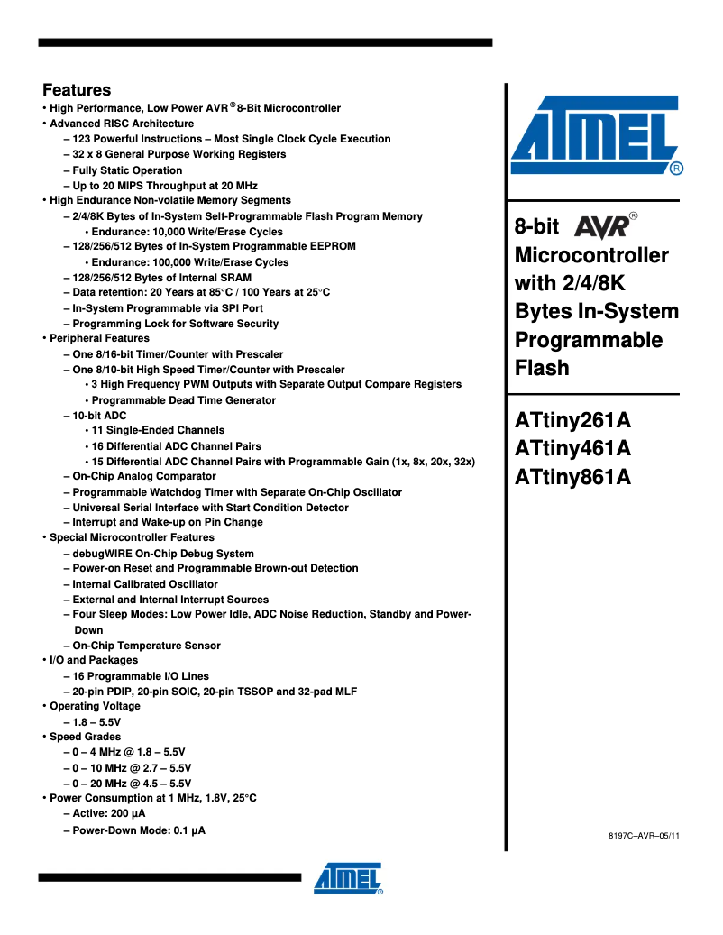 Page 1 de la notice Fiche technique Microchip ATtiny461A
