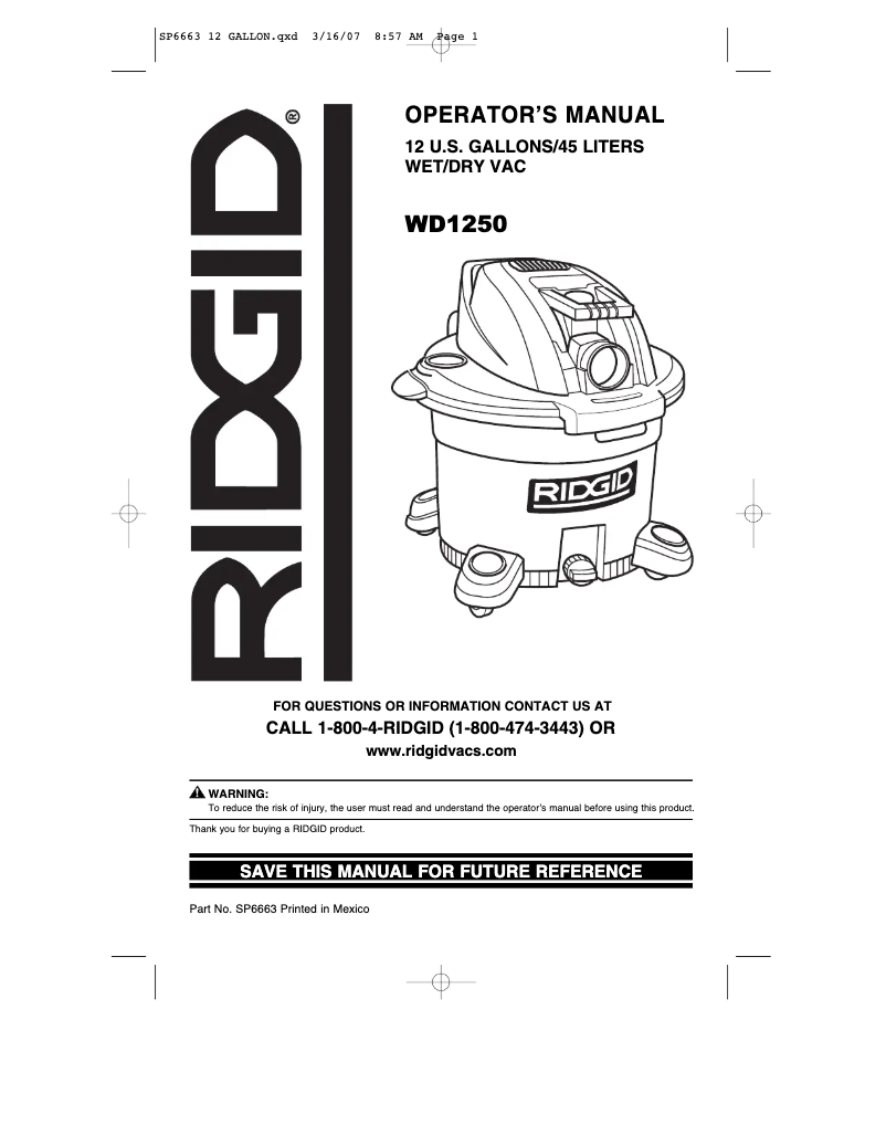 Página 1 del manual Manual de usuario Ridgid WD1250