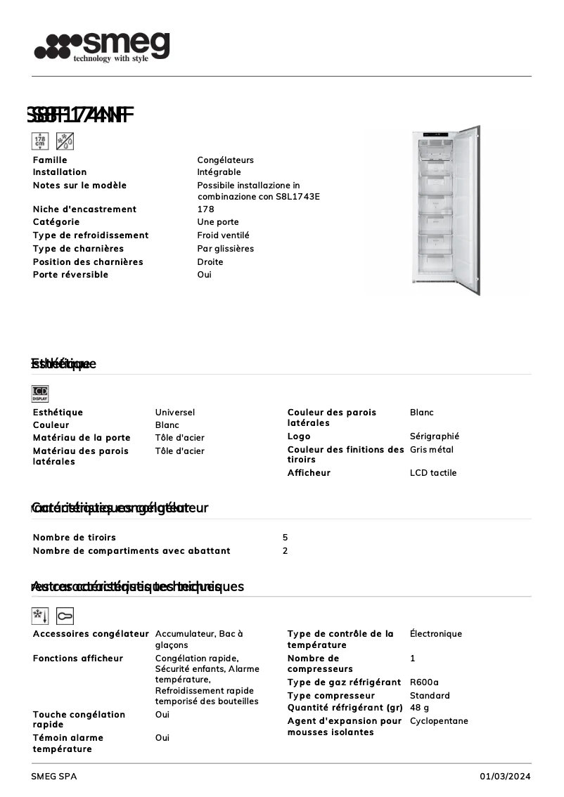 Page 1 de la notice Fiche technique Smeg S8F174NF