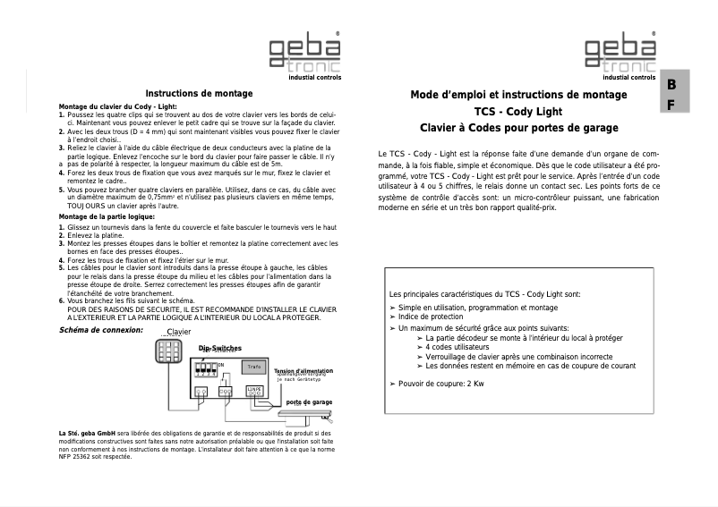 Page n°1 - Manuel utilisateur Geba Tronic TCS - Cody - Light