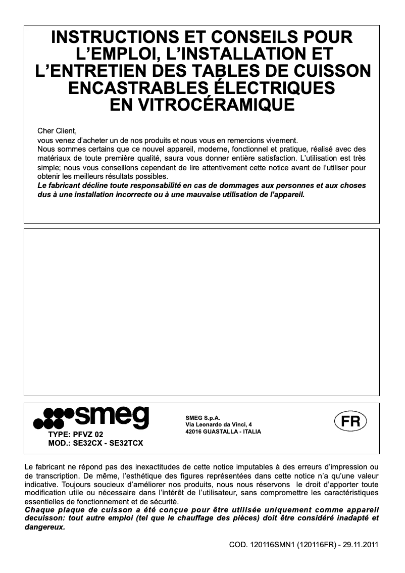 Page 1 de la notice Manuel utilisateur Smeg SE32CX