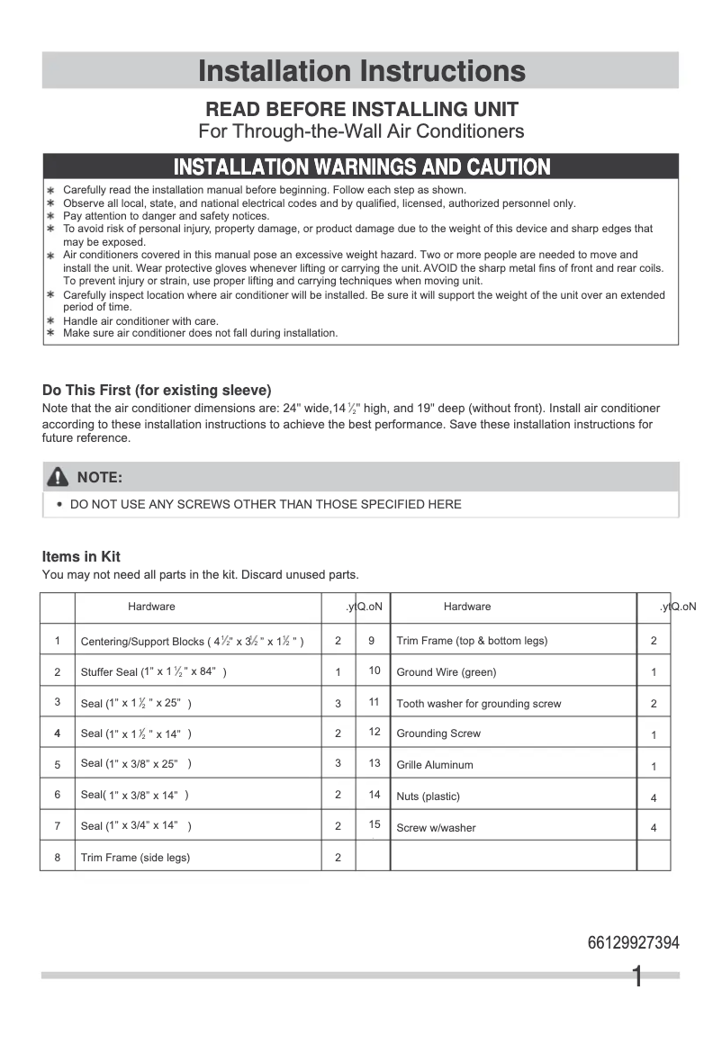 Page n°1 - Guide d'installation Frigidaire FFTA1033U1