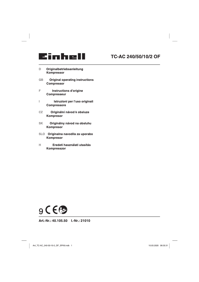 Page 1 de la notice Manuel utilisateur Einhell TC-AC 240/50/10/2 OF
