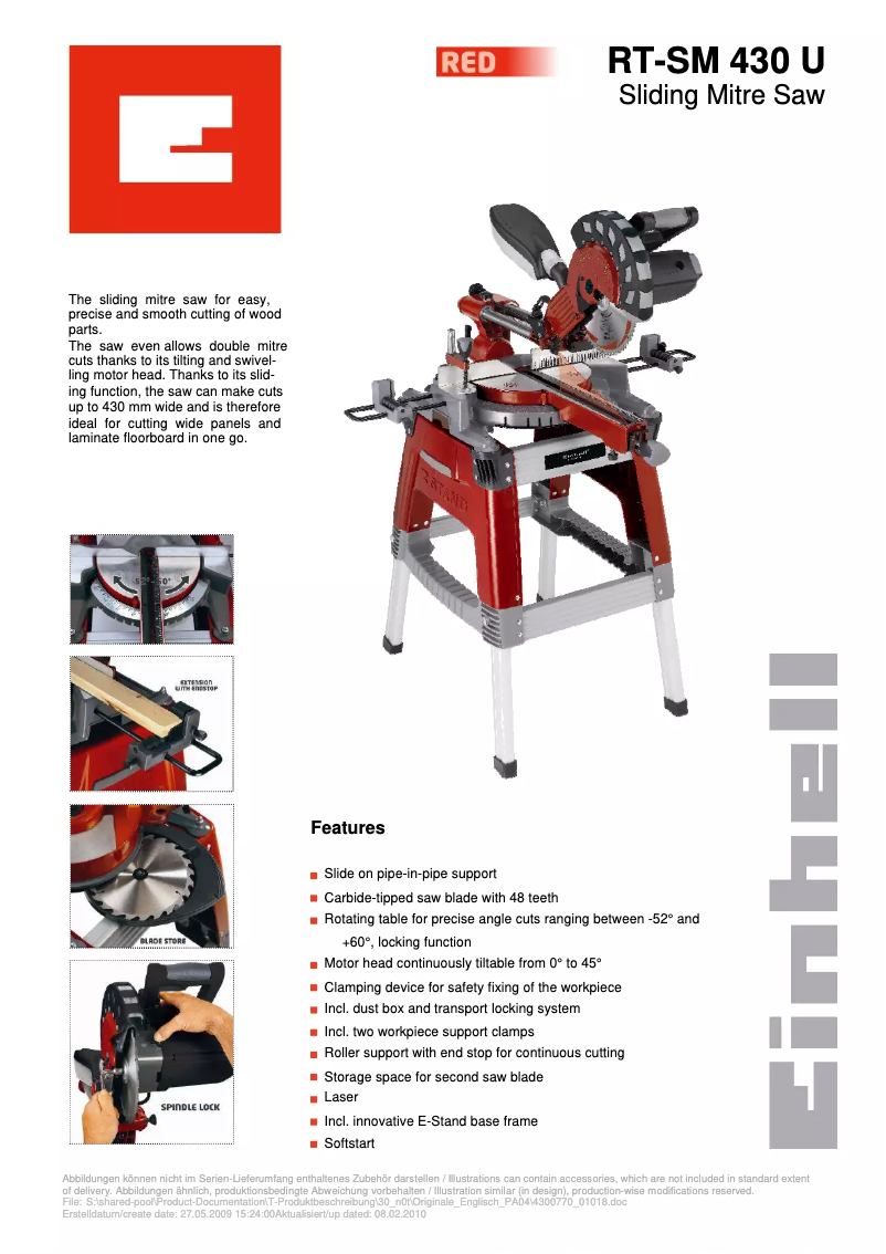 Page 1 de la notice Fiche technique Einhell RT-SM 430 U