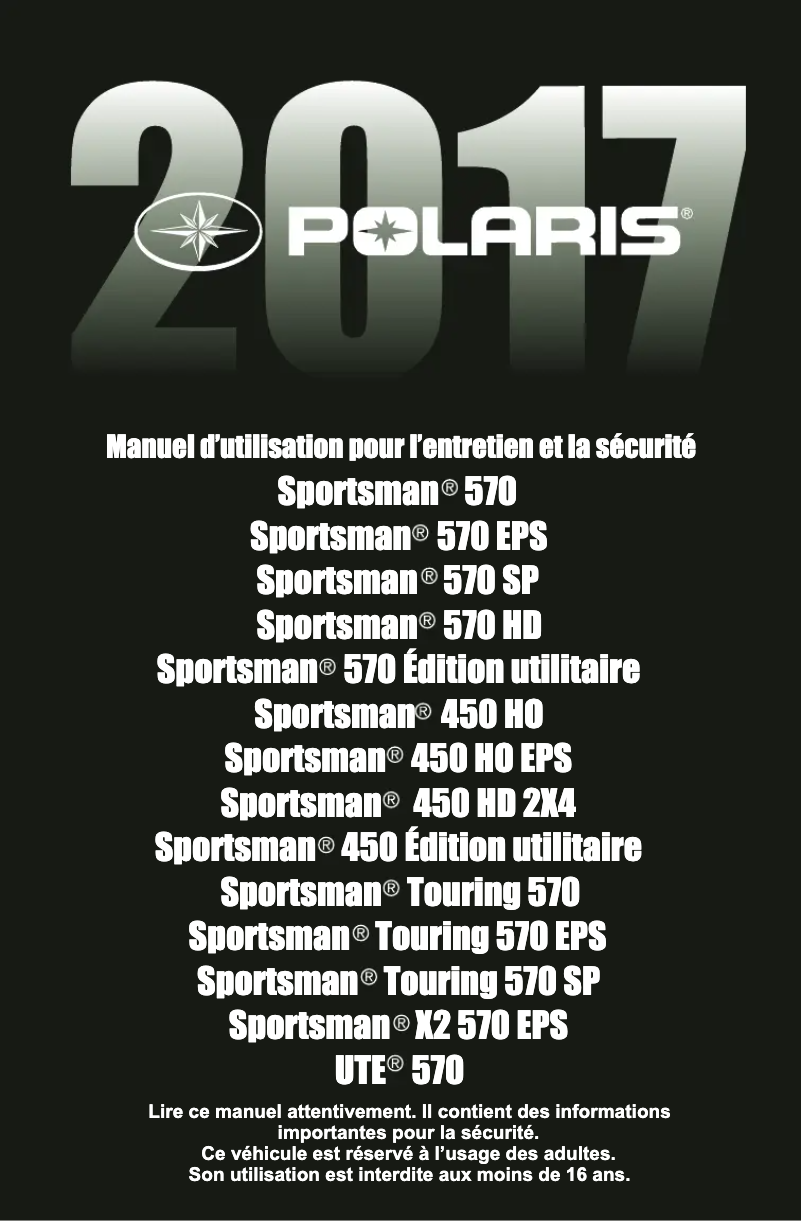 Page 1 de la notice Manuel utilisateur Polaris Sportsman 570 SP (2017)