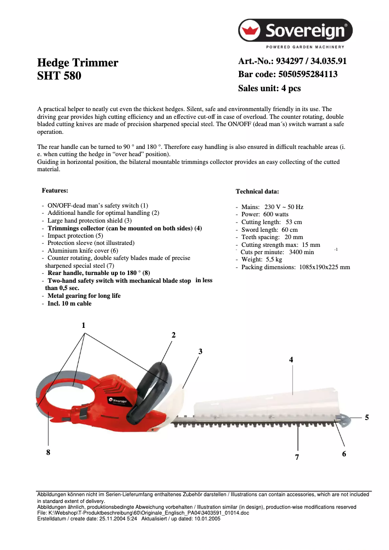 Page 1 de la notice Fiche technique Sovereign SHT 580