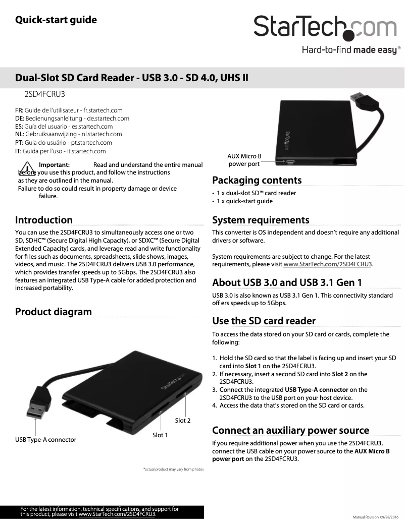 Page 1 de la notice Manuel utilisateur StarTech.com 2SD4FCRU3