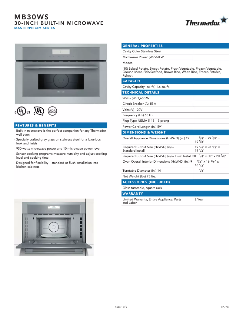 Page 1 de la notice Fiche technique Thermador Masterpiece MB30WS