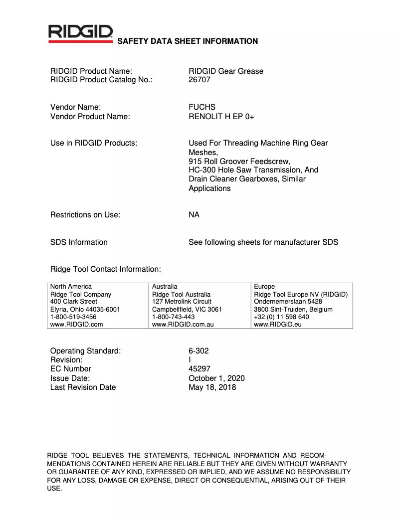 Page 1 de la notice Fiche technique Ridgid HC-300