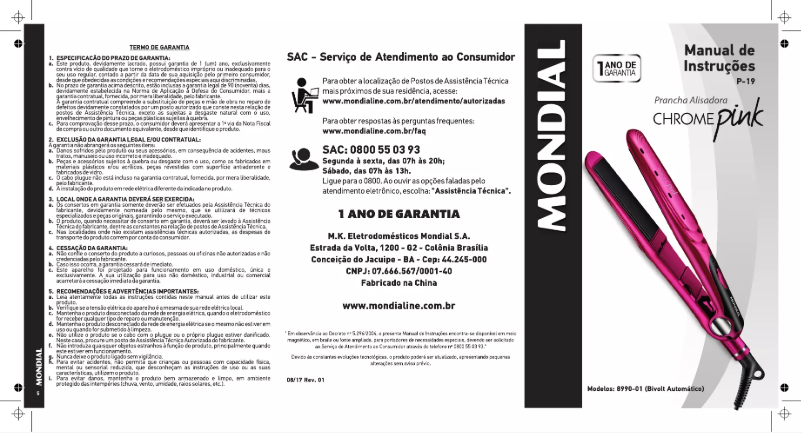 Page 1 de la notice Manuel utilisateur Mondial Chrome Pink P-19