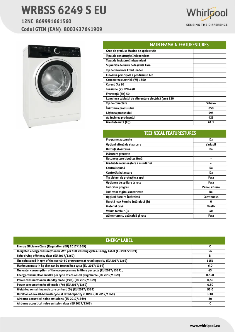 Página 1 del manual Ficha técnica Whirlpool WRBSS 6249 S EU