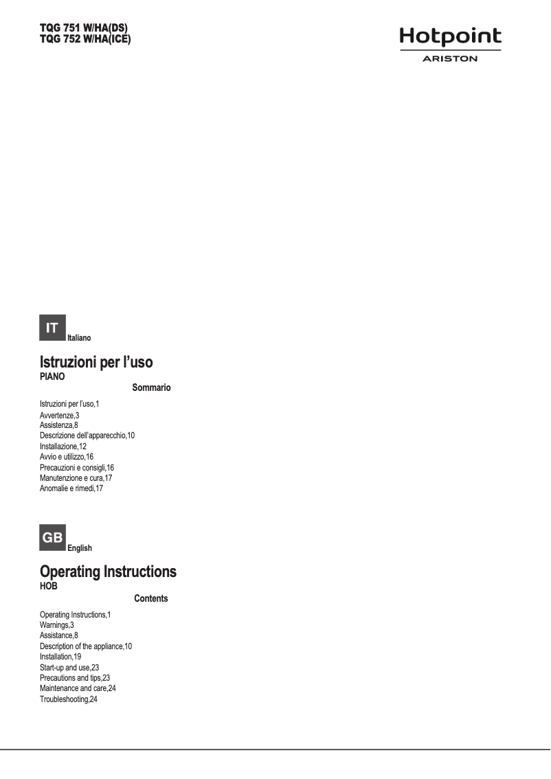 Page 1 de la notice Manuel utilisateur Hotpoint TQG 751 W/HA(DS)