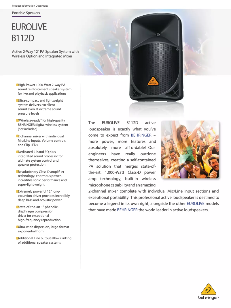 Page 1 de la notice Fiche technique Behringer Eurolive B112D