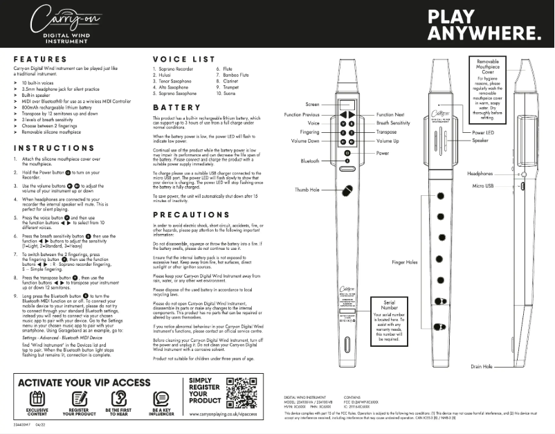 Image de la première page du manuel de l'appareil Digital Wind Instrument