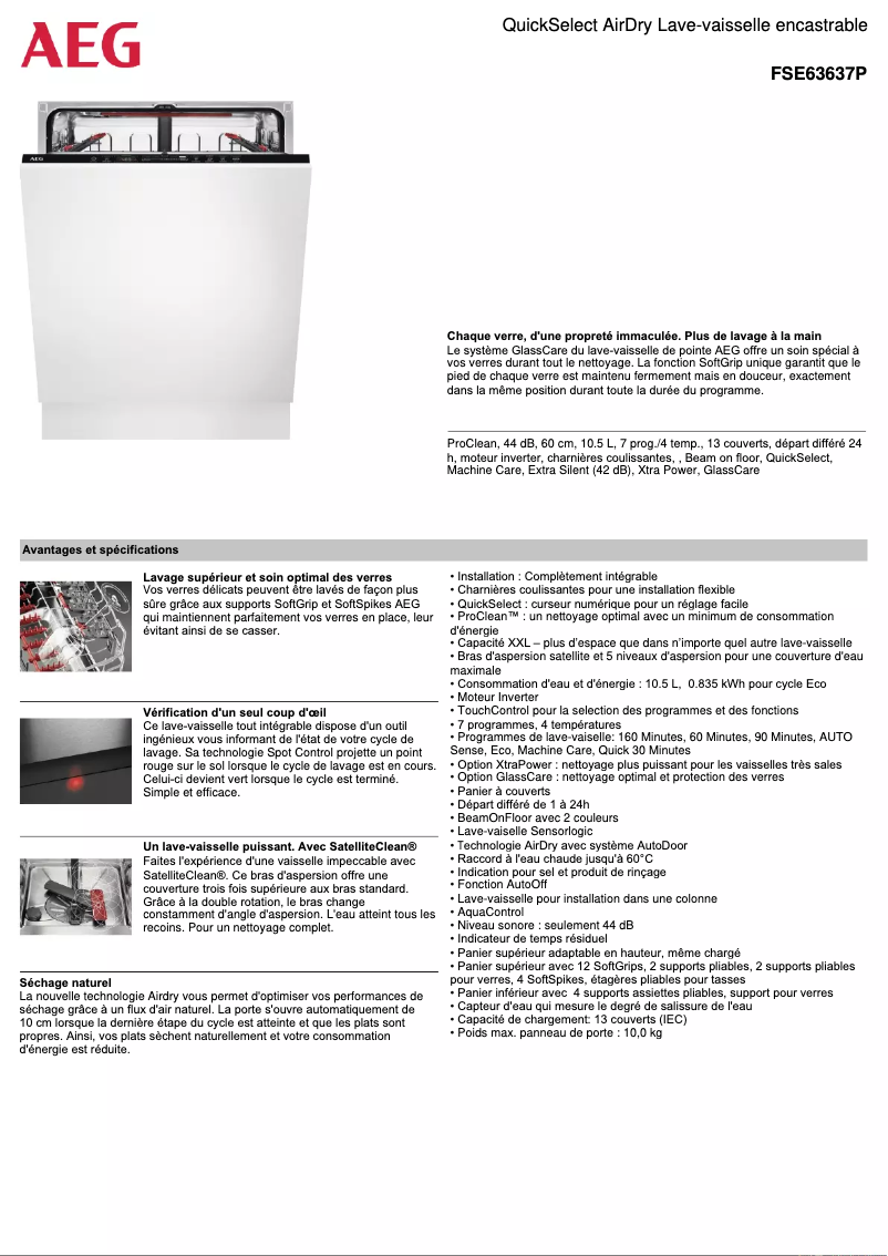 Page 1 de la notice Fiche technique AEG FSE63637P