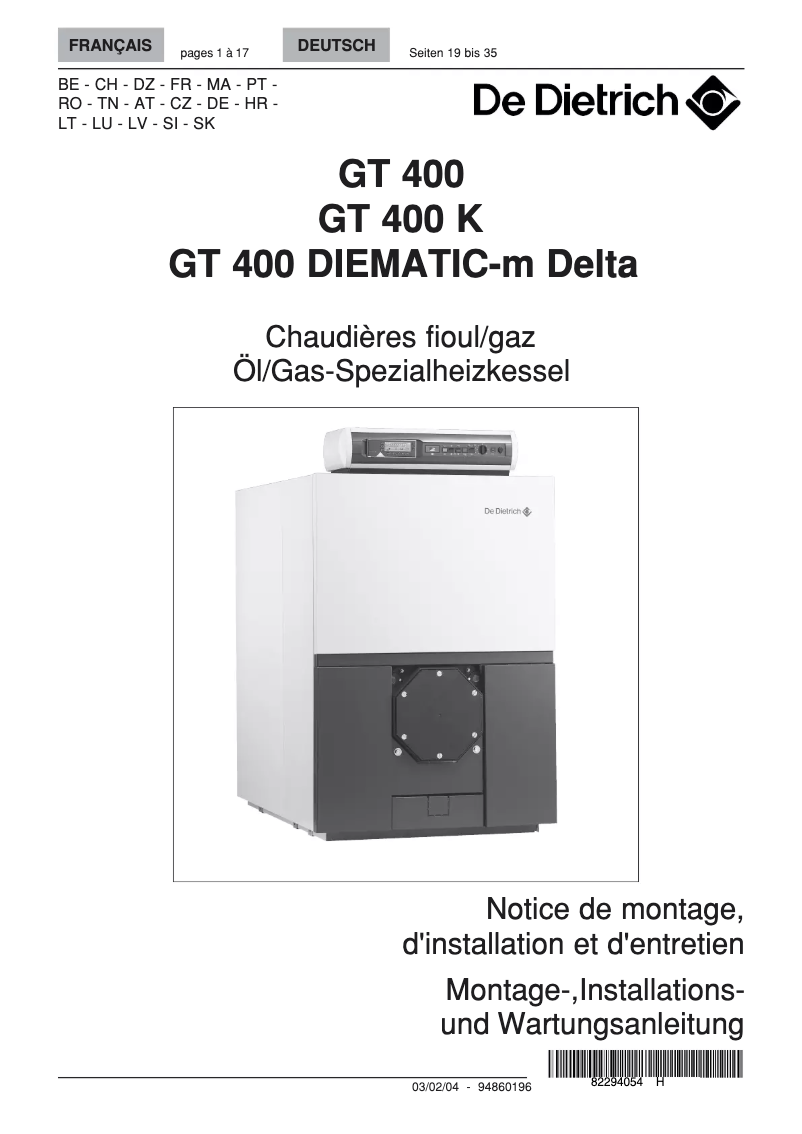 Page 1 of the manual User Manual De Dietrich GT400