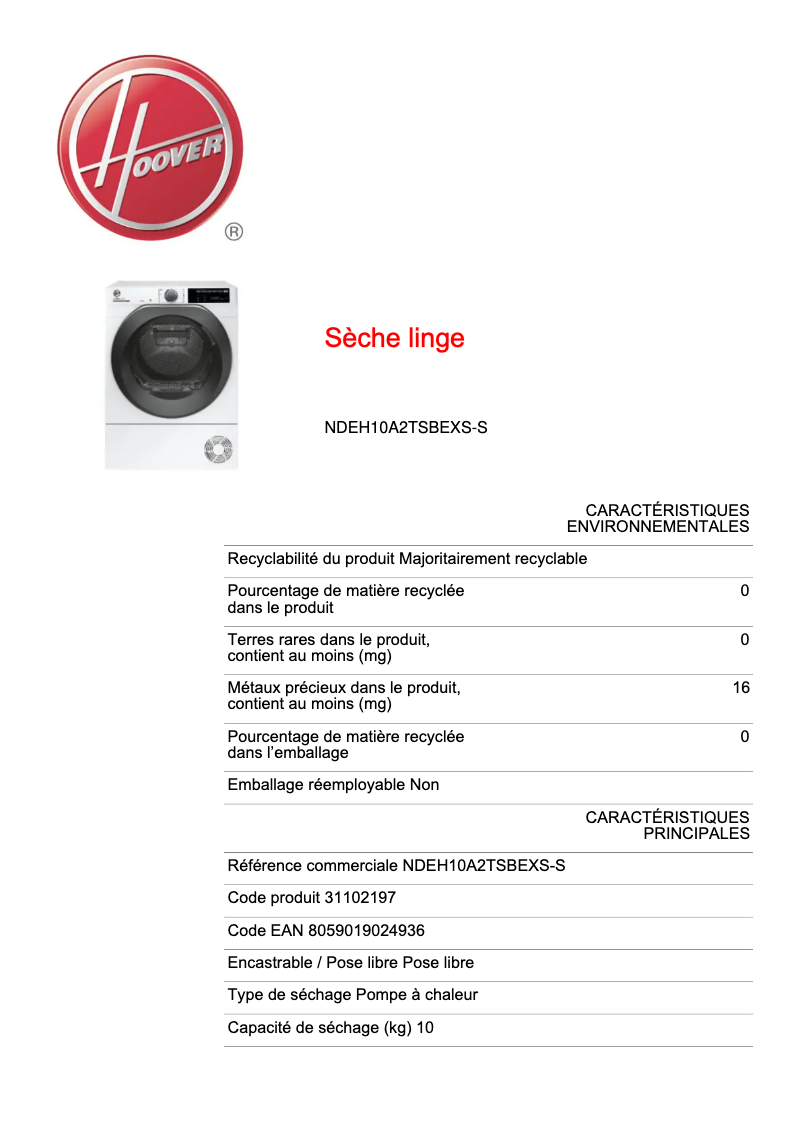 Page n°1 - Fiche technique Hoover NDEH10A2TSBEXS-S