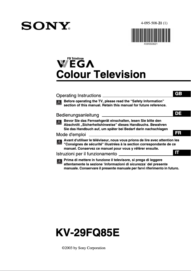 Page 1 de la notice Manuel utilisateur Sony KV-29FQ85E