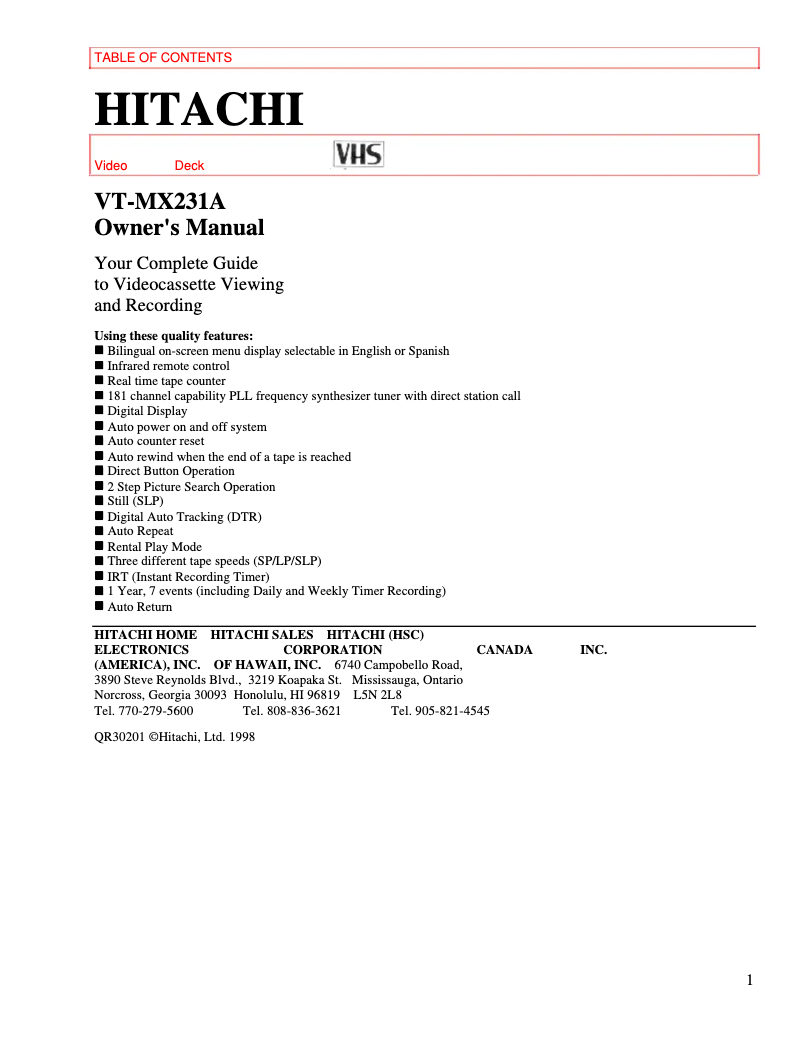 Page 1 de la notice Manuel utilisateur Hitachi VT-MX231A