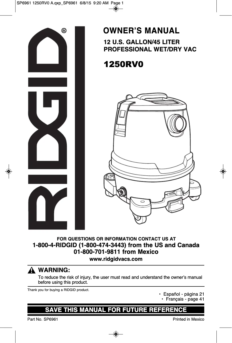 Page n°1 - Manuel utilisateur Ridgid 1250RV