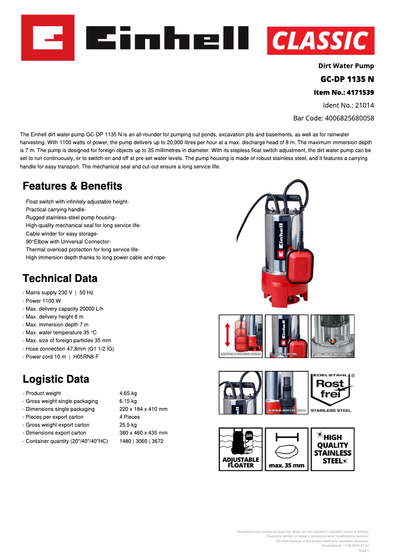 Page 1 de la notice Fiche technique Einhell GC-DP 1135 N