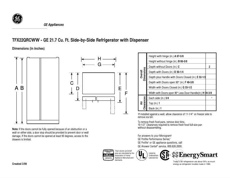 Page n°1 - Fiche technique GE TFX22QRCWW