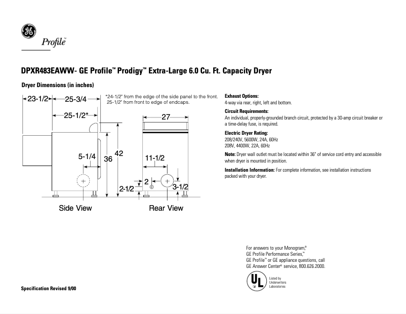Page 1 de la notice Fiche technique GE Profile Prodigy DPXR483EAWW