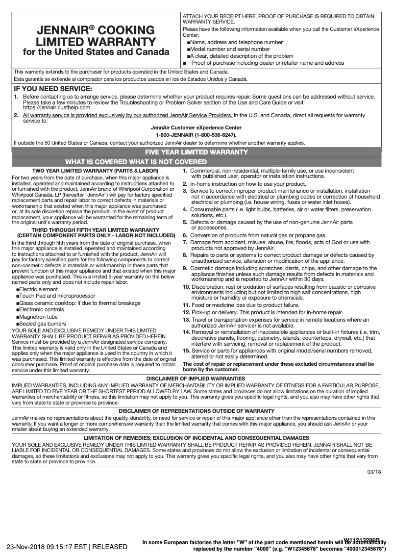 Page n°1 - Informations de garantie JennAir JIC4736HB